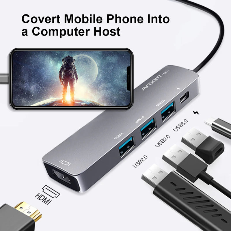 Hub Argom 5 en 1 tipo C One Axess HDMI/2XUSB2.0/1XUSB3.0/TYPE-C PD