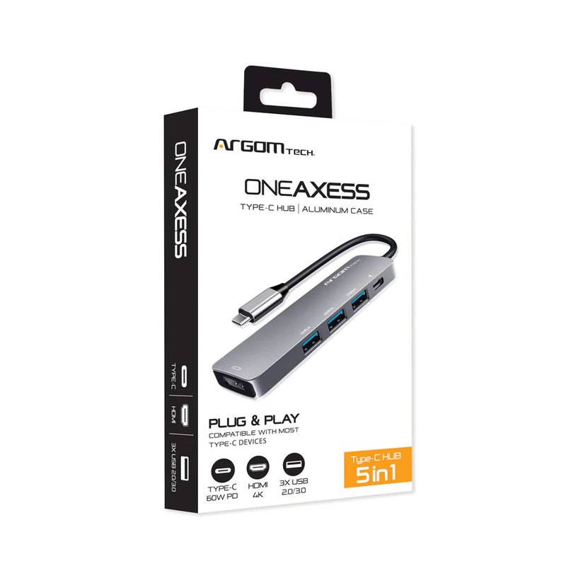 Hub Argom 5 en 1 tipo C One Axess HDMI/2XUSB2.0/1XUSB3.0/TYPE-C PD