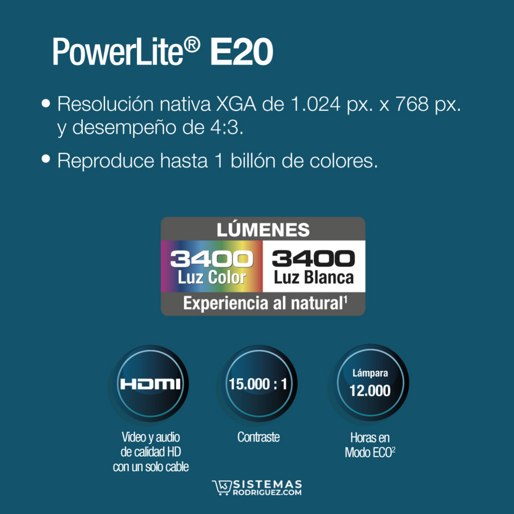 Proyector 3LCD Epson PowerLite E20, con resolución de 1024 x 768, Epson  V11H981020